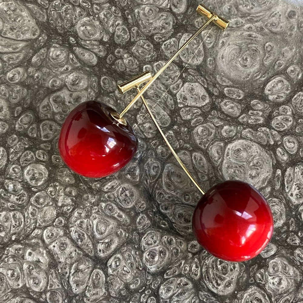 Anthropologie ๐ Dark Cherry Drop Wire Earrings Gold Stem 44.00 NEW - Picture 6 of 6